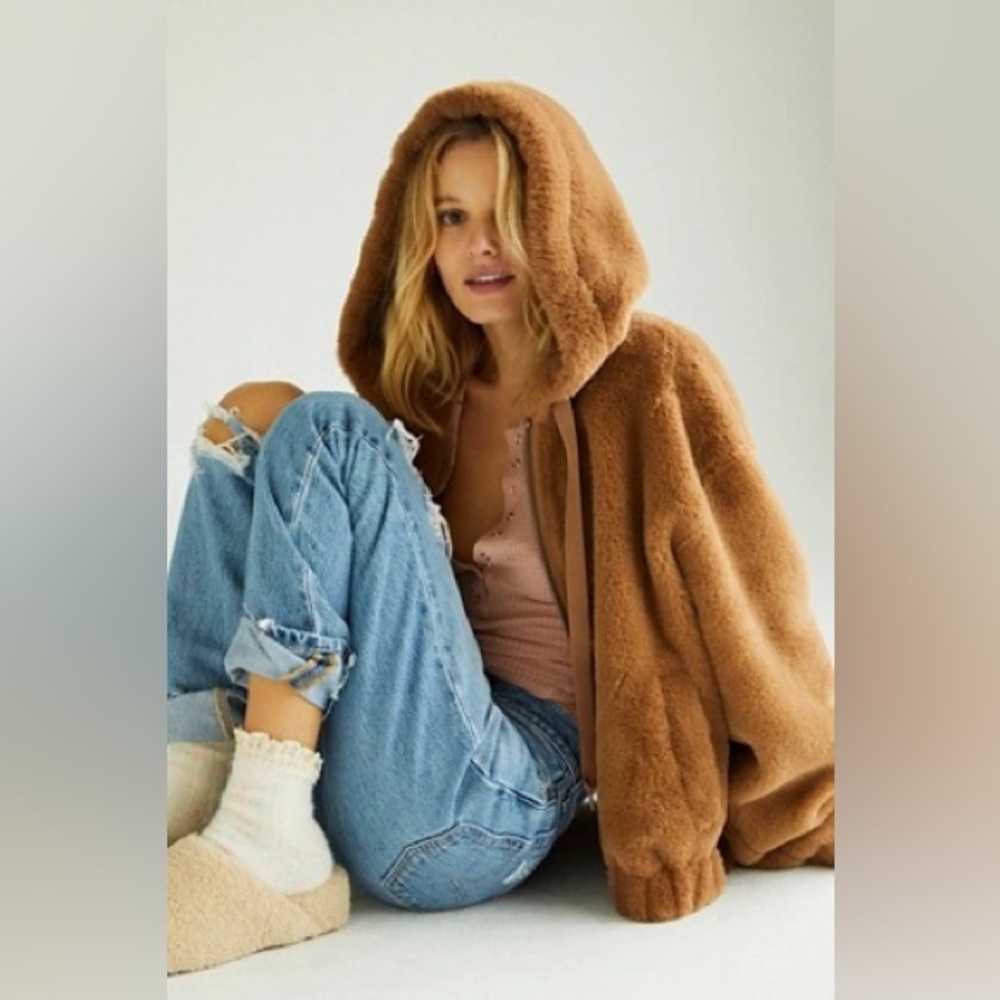 Free People Freya Fur Brown Hoodie Zip Up - Picture 4 of 8